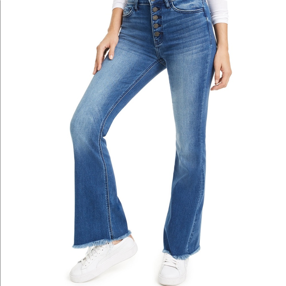 Fray Hem Flare Button Front Jeans